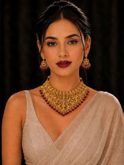 SUGARFRILL - 18K Gold-Plated Stone Maroon Studded Temple Necklace Set
