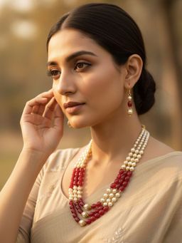 SUGARFRILL - Gold-Plated Handcrafted Three-Layered Red Agate Bead And Pearl Bridal Necklace Set