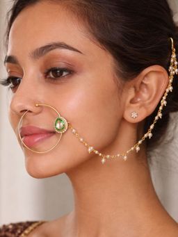 SUGARFRILL - 18K Gold-Plated Kundan Studded Multi-Colour Pearl Bead Chain Nath