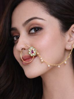 SUGARFRILL - 18K Gold-Plated Ruby Kundan Studded Multi-Colour Pearl Bead Chain Nath