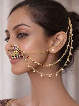 SUGARFRILL - 18K Gold-Plated Ruby Kundan Studded Multi-Colour Pearl Bead Triple-Layer Chain Nath