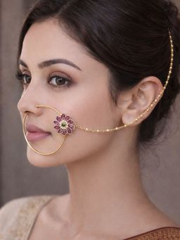SUGARFRILL - 18K Gold-Plated Ruby Kundan Studded Multi-Colour Pearl Bead Chain Nath