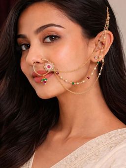 SUGARFRILL - 18K Gold-Plated Ruby Kundan Studded Multi-Colour Pearl Bead Triple-Layer Chain Nath