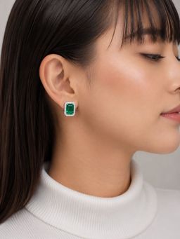 SUGARFRILL - Silver-Plated Designer Cz Emerald Stud Earrings