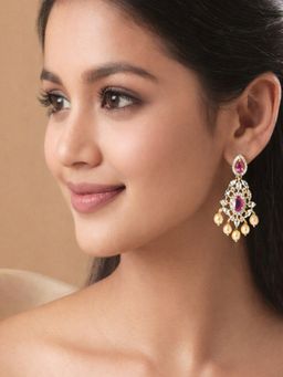 SUGARFRILL - 22 Kt Gold-Plated Ruby Pink And Cubic Zirconia Studded Chandelier With Pearl Drops