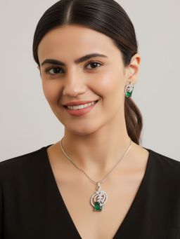 SUGARFRILL - Rhodium-Plated Elegant Emerald Green Ad And Cz Stone Studded Necklace Set