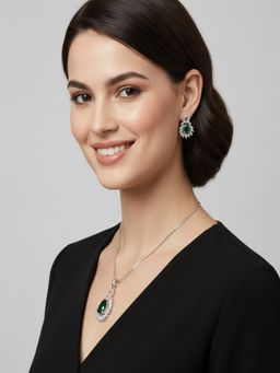 SUGARFRILL - Rhodium-Plated Elegant Emerald Green Ad And Cz Stone Studded Necklace Set