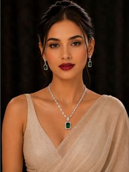 SUGARFRILL - Rhodium-Plated Emerald Green And White Cubic Zirconia Studded Necklace Set