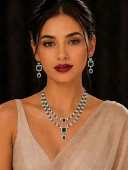 SUGARFRILL - Rhodium-Plated Emerald Green And White Cubic Zirconia Studded Necklace Set