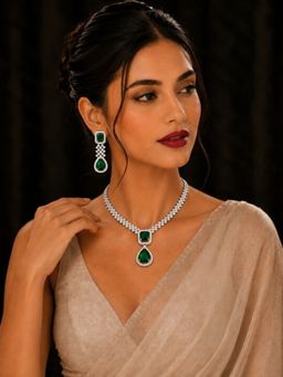 SUGARFRILL - Rhodium-Plated Emerald Green And White Cubic Zirconia Studded Necklace Set