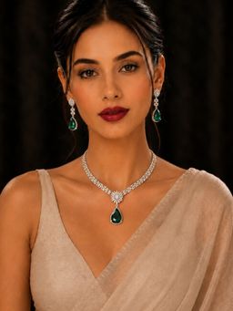 SUGARFRILL - Rhodium-Plated Emerald Green And White Cubic Zirconia Studded Necklace Set