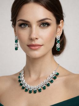 SUGARFRILL - Rhodium-Plated American Diamond Emerald Necklace Set