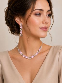 SUGARFRILL - Rhodium-Plated American Diamond And Pink Stone Necklace Set