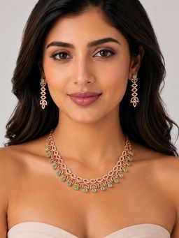 SUGARFRILL - Rose Gold-Plated Mint Green Stone And American Diamond Necklace Set