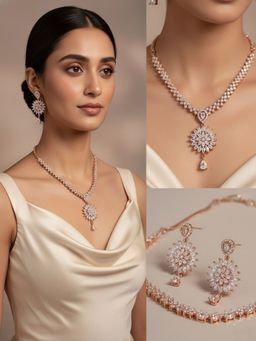 SUGARFRILL - Rose-Gold Plated Cubic Zirconia Studded Necklace Set