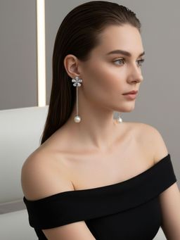 SUGARFRILL - Silver-Plated Designer Cz Long Pearl Dangler Earrings For Party And Evening Wear