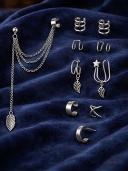 SUGARFRILL - Silver-Plated Multi Design Ear Cuff Pack Of 5 Women With Chain Clip Hoop (Pack of 5)