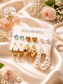 SUGARFRILL - Gold-Plated Pack Of 6 Multi Design Earrings For Women With Pearl Hoop Stud (Pack of 6)