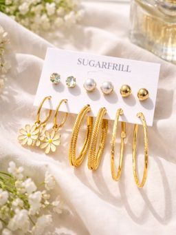 SUGARFRILL - Gold Plated Earrings Combo Pack Of 6 For Women Studs Hoops Drop (Pack of 6)