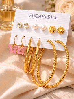 SUGARFRILL - Gold Plated Earrings Combo Pack Of 6 For Women Studs Hoops Drop (Pack of 6)