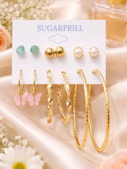 SUGARFRILL - Gold Plated Earrings Combo Pack Of 6 For Women Studs Hoops Drop (Pack of 6)