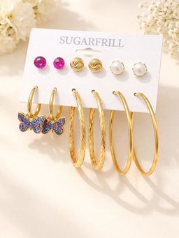 SUGARFRILL - Gold Plated Earrings Combo Pack Of 6 For Women Studs Hoops Drop (Pack of 6)