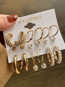 SUGARFRILL - Gold-Plated Multi Design Pack Of 9 Earrings With Pearl Hoop And Stud (Pack of 9)