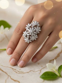 SUGARFRILL - Handcrafted Baguette And Round American Diamond Floral Cluster Bridal Ring