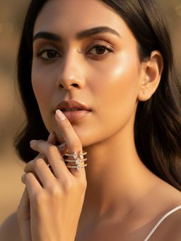 SUGARFRILL - Gold-Plated Handcrafted American Diamond Multi-Row Open Cocktail Ring