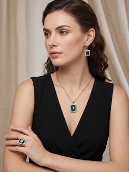 SUGARFRILL - Gold-Plated Stone Studded Necklace Set With Ring For Women Jewellery Set Green