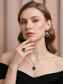 SUGARFRILL - Gold-Plated Heart Shaped Stone Jewellery Set With Rings Green