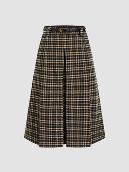 Cider - Wool-like Mid Rise Checks Pleated Maxi Skirt With Belt