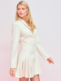 Cider - Collar Solid Button Pleated Mini Blazer Dress