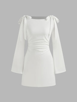 Cider - Boat Neckline Solid Ruched Bowknot Mini Dress