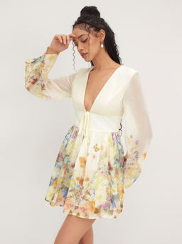 Cider - V-neck Floral Knotted Ruffle Mini Dress