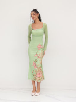 Cider - Mesh Square Neckline Floral Knotted Backless Midi Dress