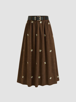 Cider - Corduroy Mid Rise Floral Embroidery Ruffle Pocket Maxi Skirt With Belt