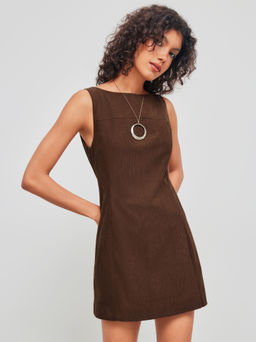 Cider - Corduroy Boat Neck Solid Zipper Mini Dress