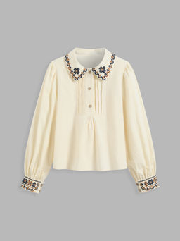 Cider - 100% Cotton Collar Aztec Button Long Sleeve Blouse