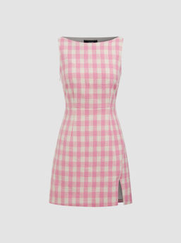 Cider - Boat Neck Check Split Mini Dress