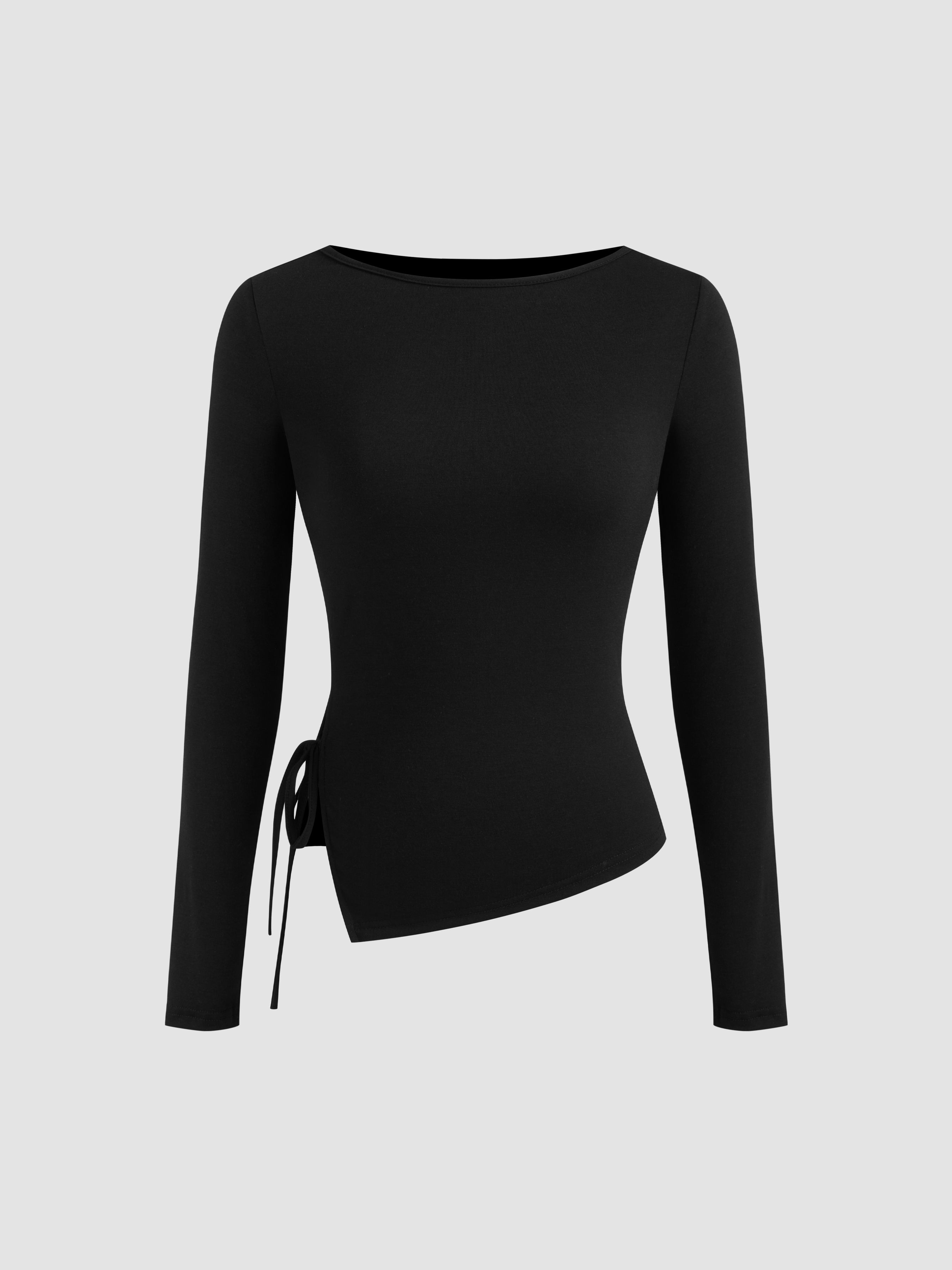 cider Boat Neck Solid Knotted Long Sleeve Tee-picture-17