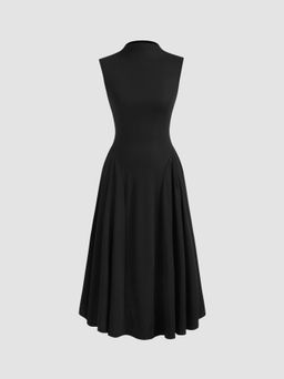 Cider - High Neck Solid Ruffle Midi Dress