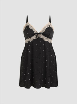 Cider - Satin V-neck Spot Lace Trim Nightdress Curve & Plus