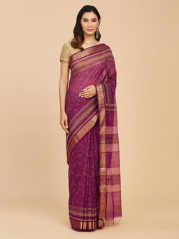 Fabindia - Purple Cotton Silk Hand Block Printed Saree Without Blouse