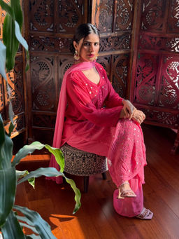 Label Aishwaryrika - Sunrise Pink Chikankari Mukaish Kurta with Palazzo and Dupatta (Set of 3)