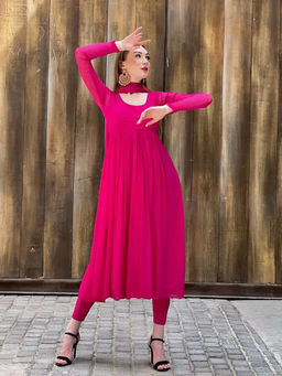 Label Aishwaryrika - Cleopatra Pink Chikankari Anarkali Kurta with Pant and Dupatta (Set of 3)