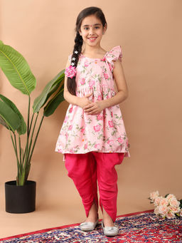 Kinder Kids - Girls Floral Printed Empire A-Line Kurta with Dhoti