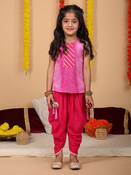 Kinder Kids - Girls Bandhani Printed Pure Cotton Top with Dhoti
