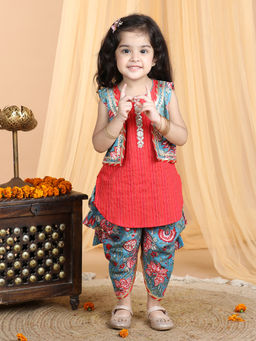 Kinder Kids - Girls Striped Pure Cotton Gotta Patti Kurti With Dhoti and Jacket