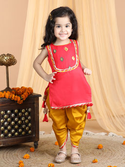 Kinder Kids - Girls Floral Embroidered Design Pure Cotton Thread Work Kurti With Dhoti